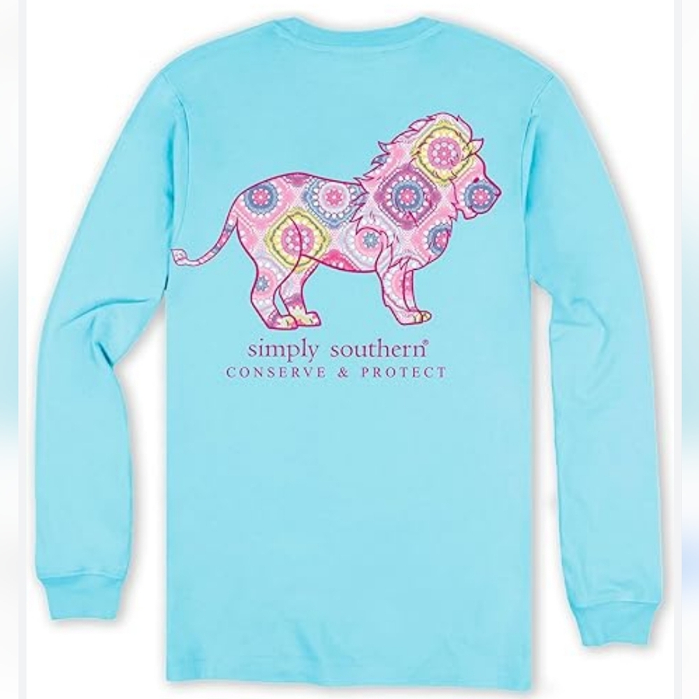 NWT Simply Southern Floral Lion Light Blue Long Sleeve Shirt